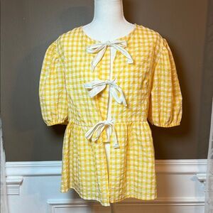 Grace & Emma Yellow Gingham Tie Front Babydoll‎ Top M